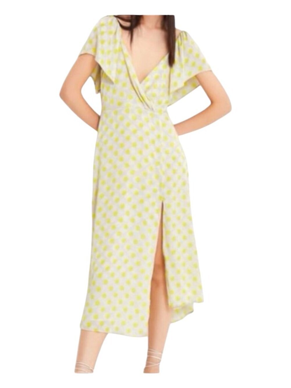 Zara Yellow Polka Dot Flutter Sleeve Midi Dress Size M